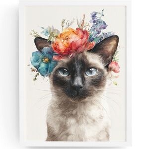 Watercolor Siamese Cat with Flower Crown Wall Art Print Unframed